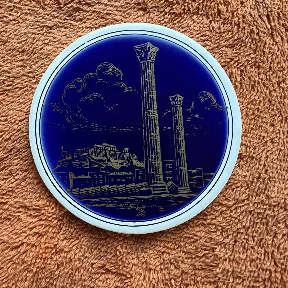 Handmade Greek Ceramic Coaster Plaque Ruins Columns Scene Smaltotechniki Blue